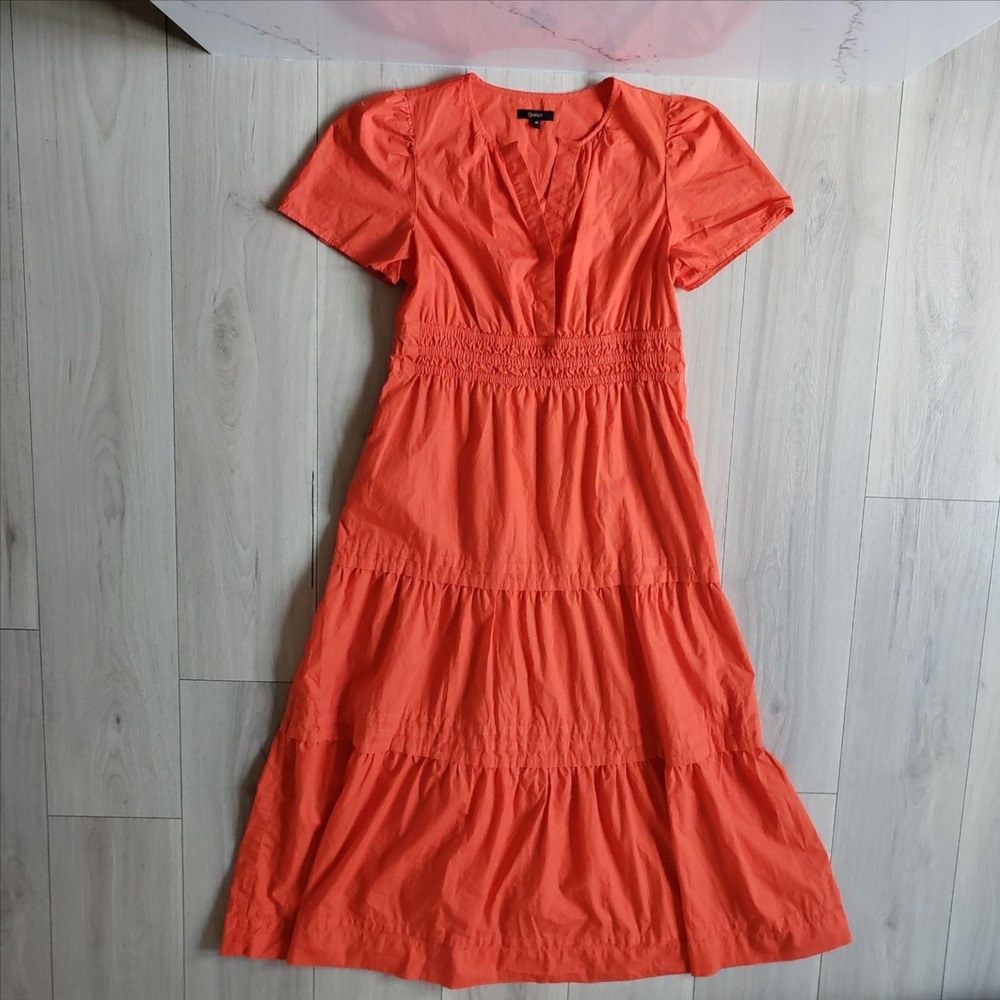 Quince Dress Womens M Orange Smocked V Neck Maxi Organic Cotton Summer Sundress